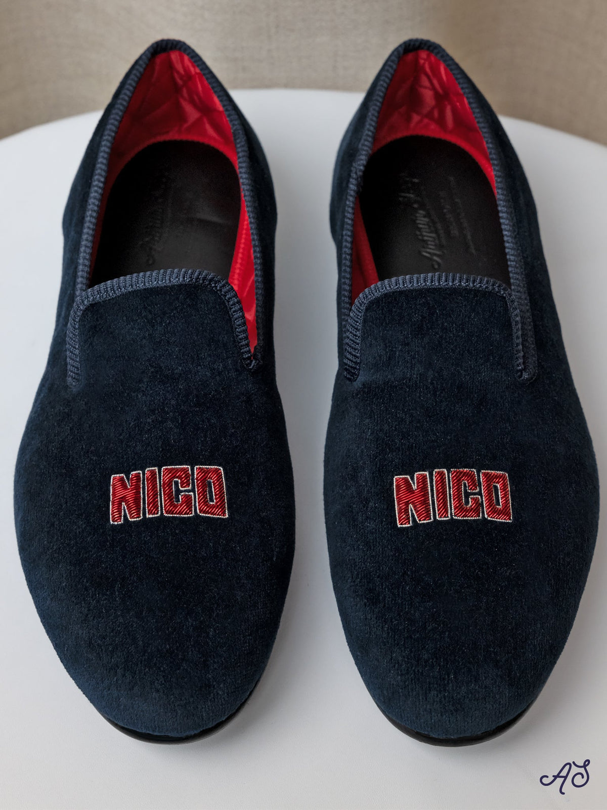 Children's Loafers in Velvet with Monogram Embroidery, view 2