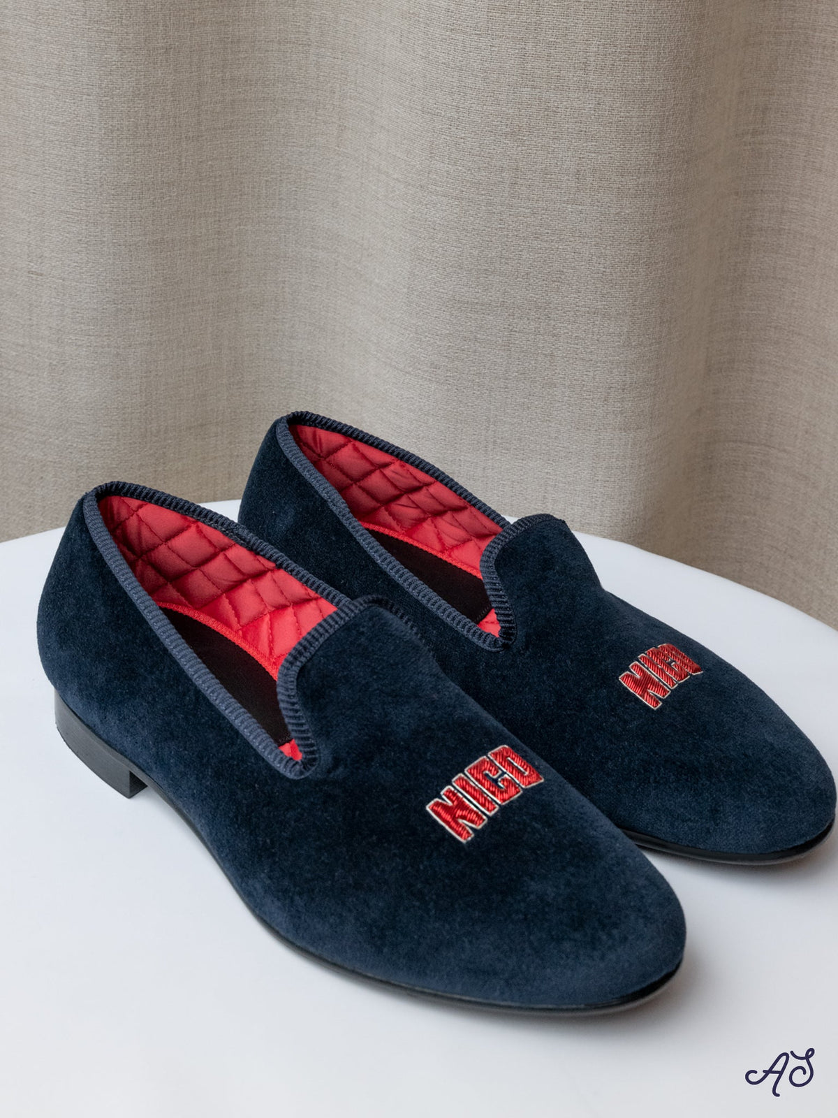 Children's Loafers in Velvet with Monogram Embroidery, view 1