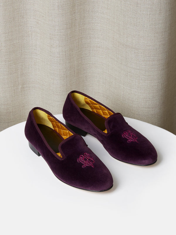 Albert Slipper in Purple Velvet with Hand-Embroidered Monogram