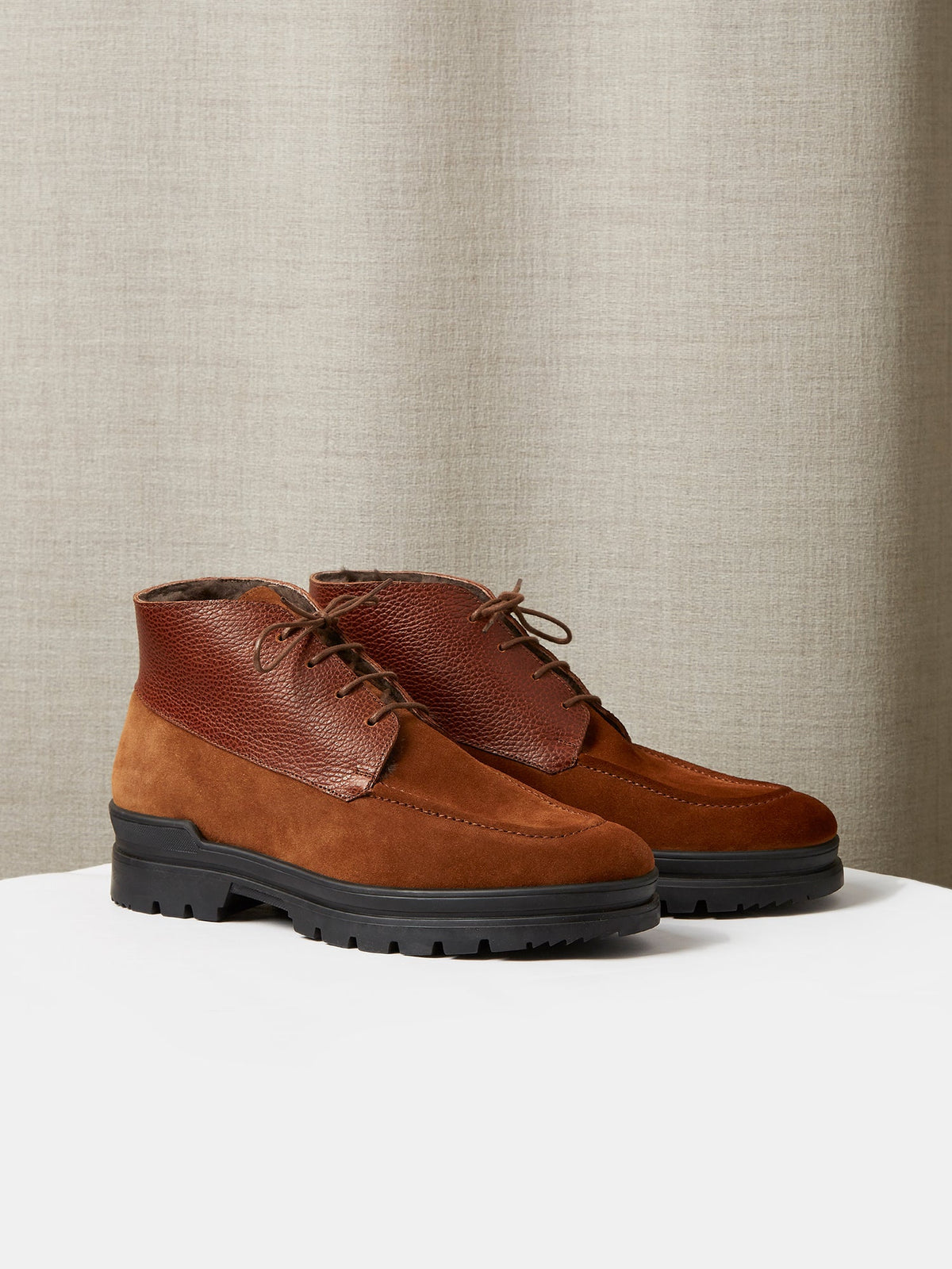 The Engadin Boot in Tobacco Full-Grain Leather & Suede with Fur Lining, view 1