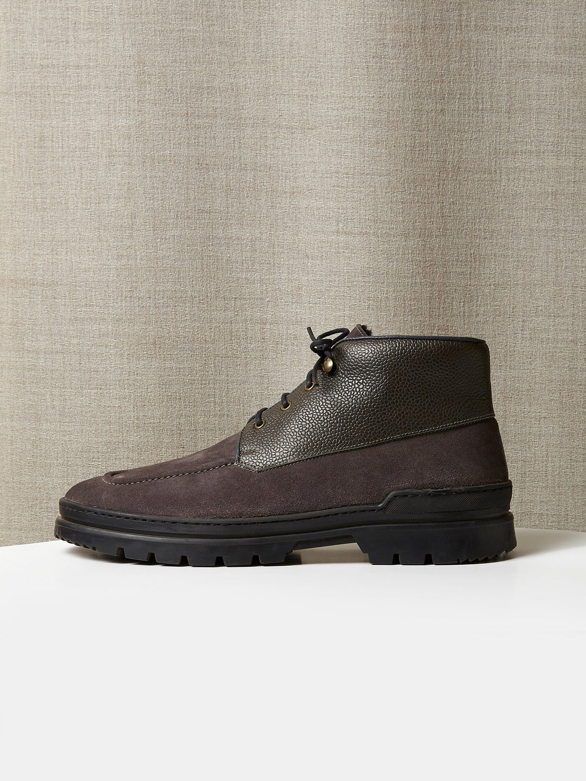 The Engadin Boot in Slate Full-Grain Leather & Suede with Fur Lining, view 2