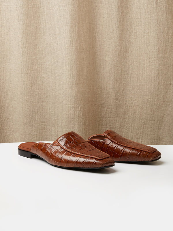 Belgian Mule in Brown Embossed Crocodile