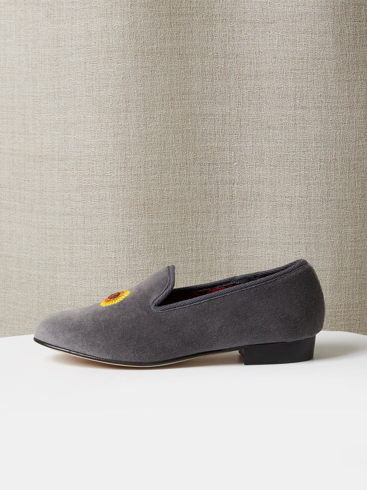 Albert Slipper in Grey Velvet with Hand-Embroidered Sunflower, view 2