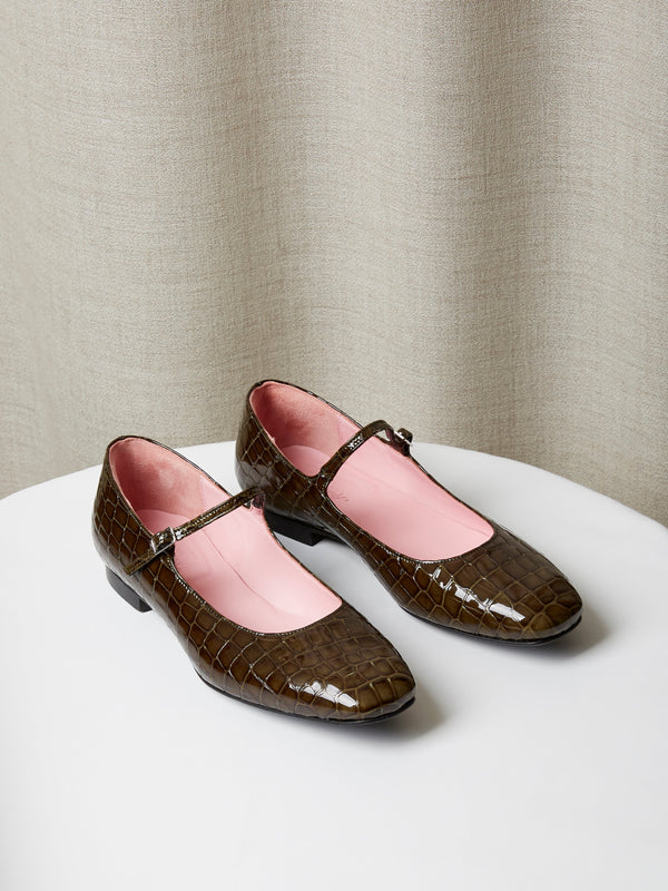 The Mary Jane in Olive Embossed-Crocodile Leather