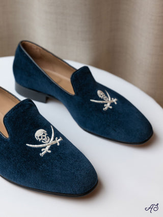 Hand-Embroidered Skull & Cutlass Navy Velvet Loafers