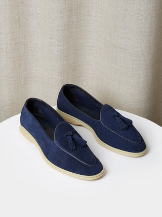 Unlined Navy Suede Belgian Loafers with Cream Rubber Soles