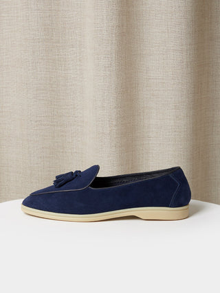 Unlined Navy Suede Belgian Loafers with Cream Rubber Soles