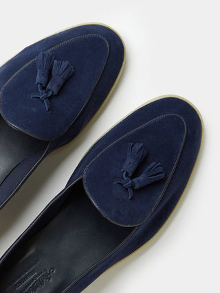 Unlined Navy Suede Belgian Loafers with Cream Rubber Soles