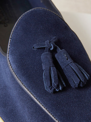 Unlined Navy Suede Belgian Loafers with Cream Rubber Soles
