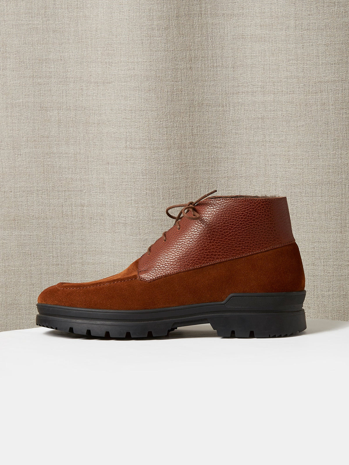 The Engadin Boot in Tobacco Full-Grain Leather & Suede with Fur Lining, view 2