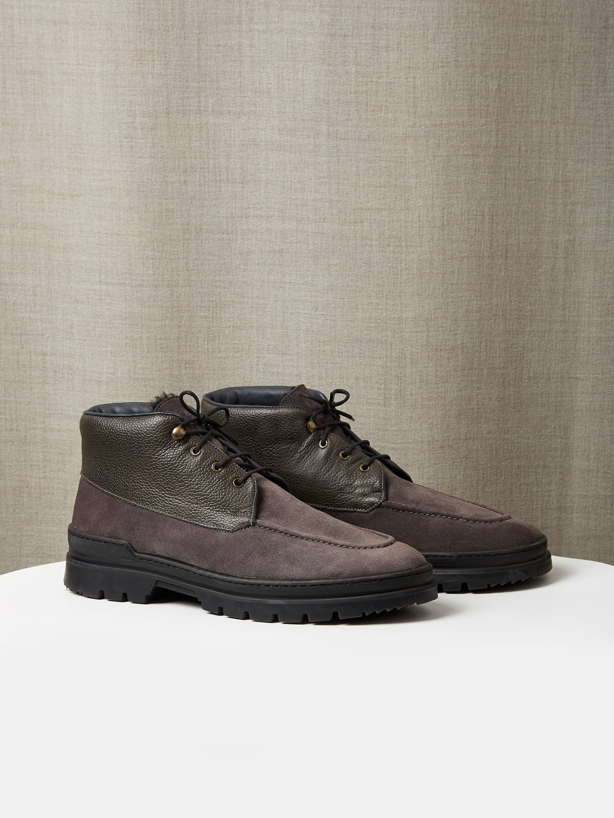 The Engadin Boot in Slate Full-Grain Leather & Suede with Fur Lining, view 1