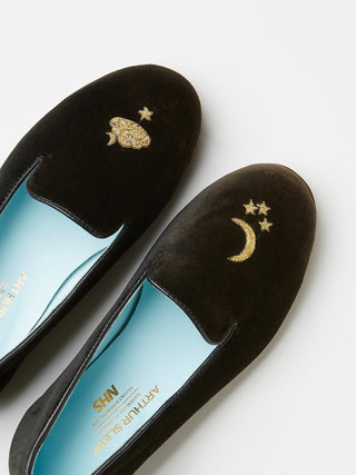 Children's Embroidered Black Velvet Loafers