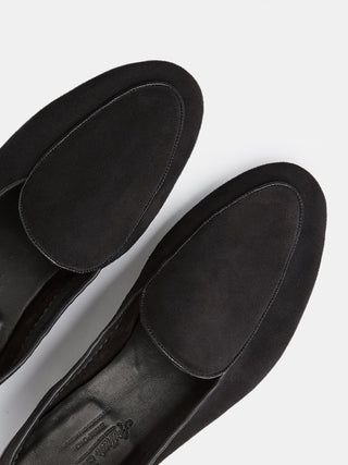 Black Suede Belgian Loafers on Leather Soles