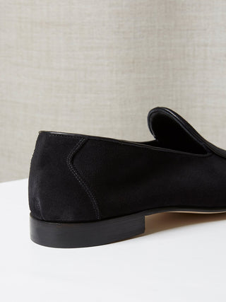 Black Suede Belgian Loafers on Leather Soles