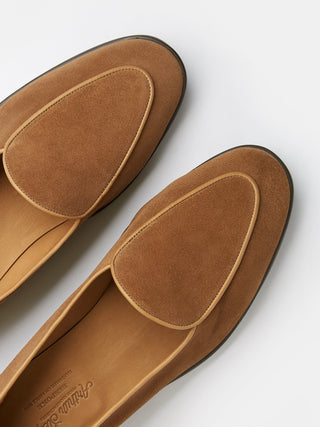 Unlined Tobacco Suede Belgian Loafers with Brown Rubber Soles