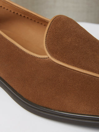Unlined Tobacco Suede Belgian Loafers with Brown Rubber Soles