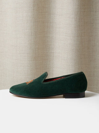 Hand-Embroidered Partridge on Green Velvet Loafers