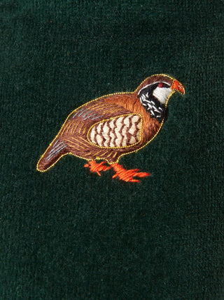 Hand-Embroidered Partridge on Green Velvet Loafers