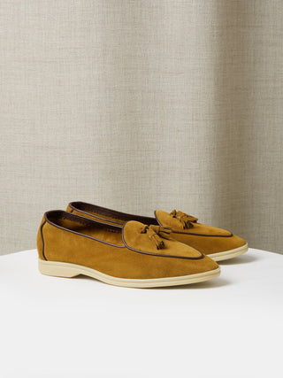 Golden Suede Belgian Tassel Loafers with Cream Rubber Soles