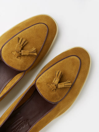 Golden Suede Belgian Tassel Loafers with Cream Rubber Soles