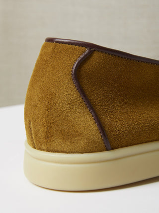 Golden Suede Belgian Tassel Loafers with Cream Rubber Soles