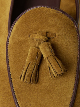 Golden Suede Belgian Tassel Loafers with Cream Rubber Soles
