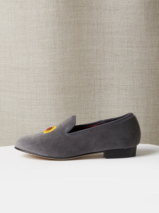Hand-Embroidered Wholecut Loafer in Grey Velvet