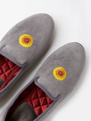 Hand-Embroidered Wholecut Loafer in Grey Velvet