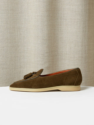 Olive Green Suede Belgian Tassel Loafers with Rubber Soles