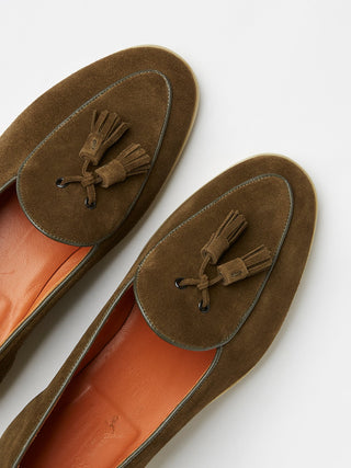Olive Green Suede Belgian Tassel Loafers with Rubber Soles