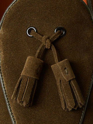 Olive Green Suede Belgian Tassel Loafers with Rubber Soles