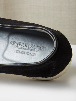 Black Suede Pintuck Tassel Loafers with White Rubber Soles