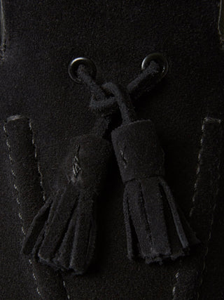 Black Suede Pintuck Tassel Loafers with White Rubber Soles