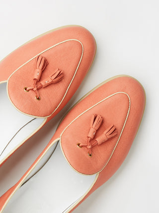 Coral Deer Leather Belgian Tassel Loafers on Cream Rubber Soles
