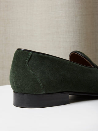 Moss Green Suede Belgian Loafers on Leather Soles