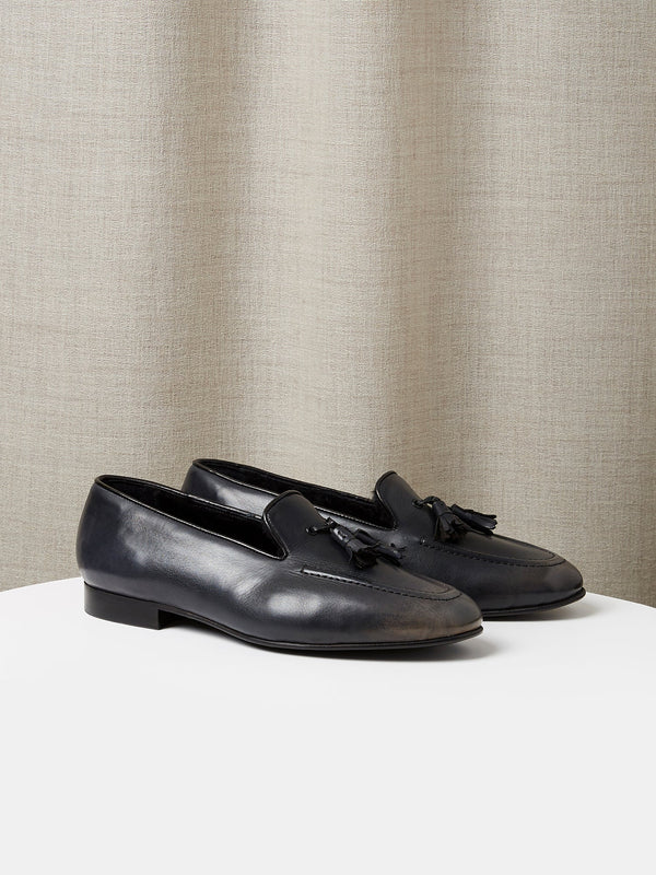 Tassel Loafer in Grey Hand-Painted Patina Leather