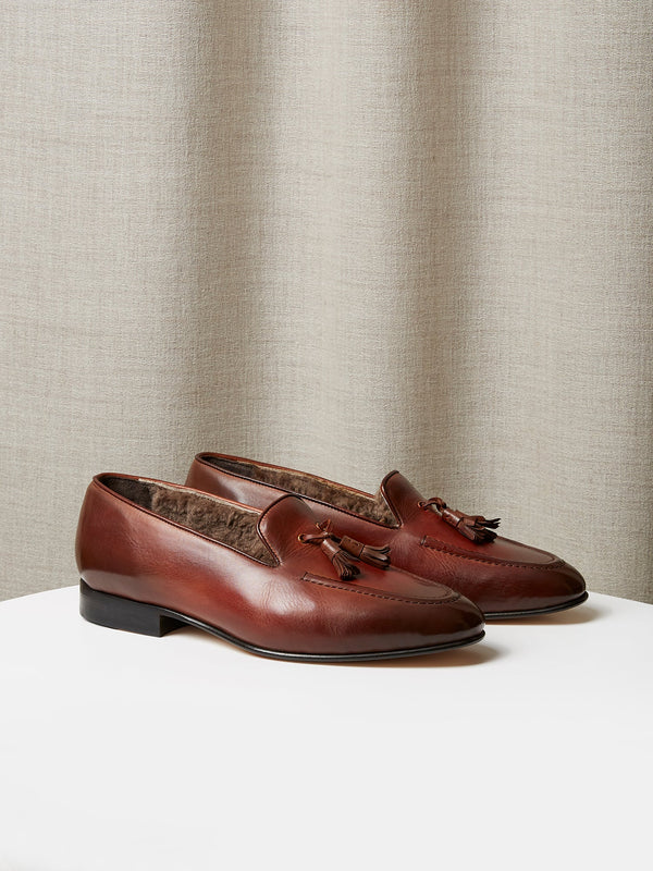 Tassel Loafer in Brown Hand-Painted Patina Leather