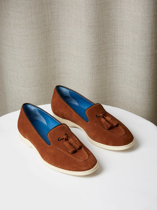 Tobacco Suede Pintuck Tassel Loafers with Natural Rubber Soles