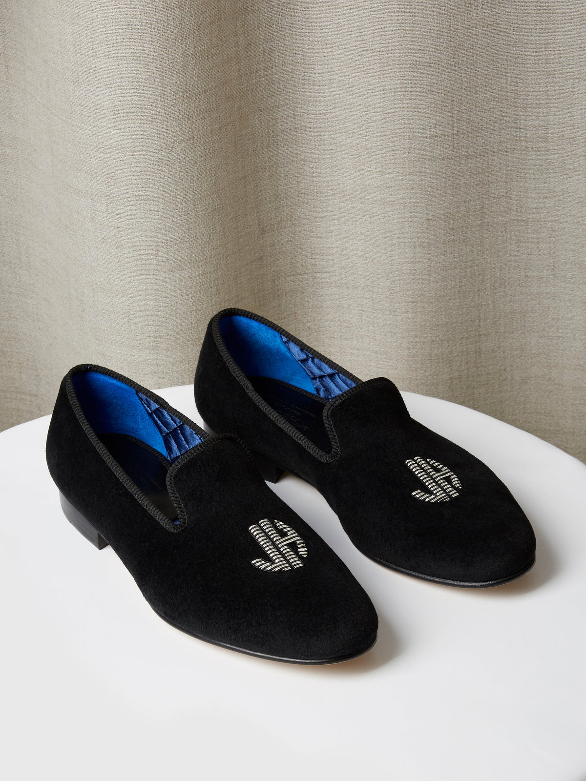 Albert Slipper in Black Velvet with Hand-Embroidered Monogram, view 1