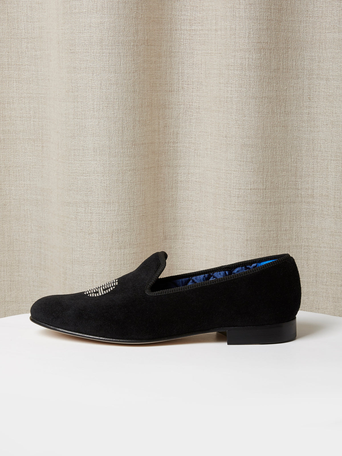 Albert Slipper in Black Velvet with Hand-Embroidered Monogram, view 2