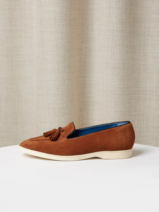 Tobacco Suede Pintuck Tassel Loafers with Natural Rubber Soles
