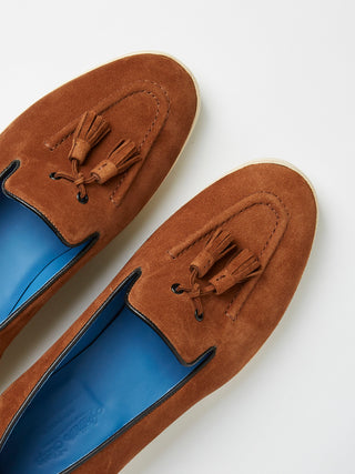 Tobacco Suede Pintuck Tassel Loafers with Natural Rubber Soles