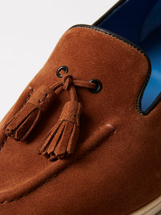 Tobacco Suede Pintuck Tassel Loafers with Natural Rubber Soles