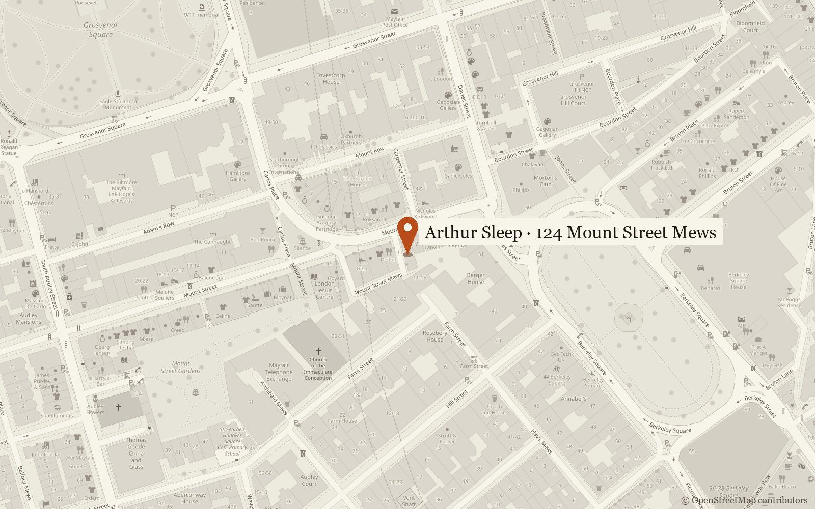 Map: Arthur Sleep at 124 Mount Street Mews, between Grosvenor Square and Berkeley Square